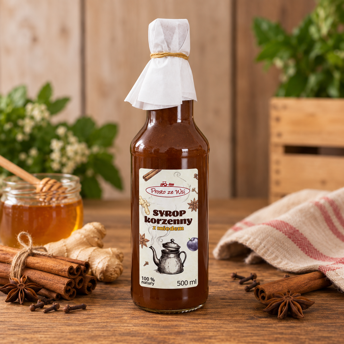 Syrop korzenny z miodem 500 ml – śliwka, malina, imbir i cynamon