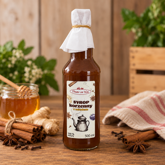 Syrop korzenny z miodem 500 ml – śliwka, malina, imbir i cynamon
